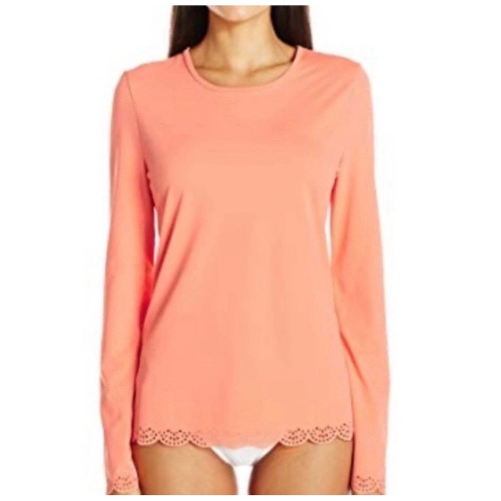 NWT Cabana Life Scallop Rashguard UPF‎ 50+ Womens XL Coral Orange Laser Cut Swim